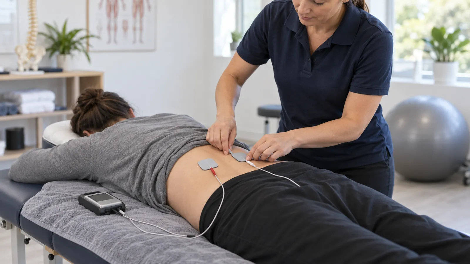 En patient ligger på mage på en brits med tens-plattor på ländryggen medan en fysioterapeut justerar dem.