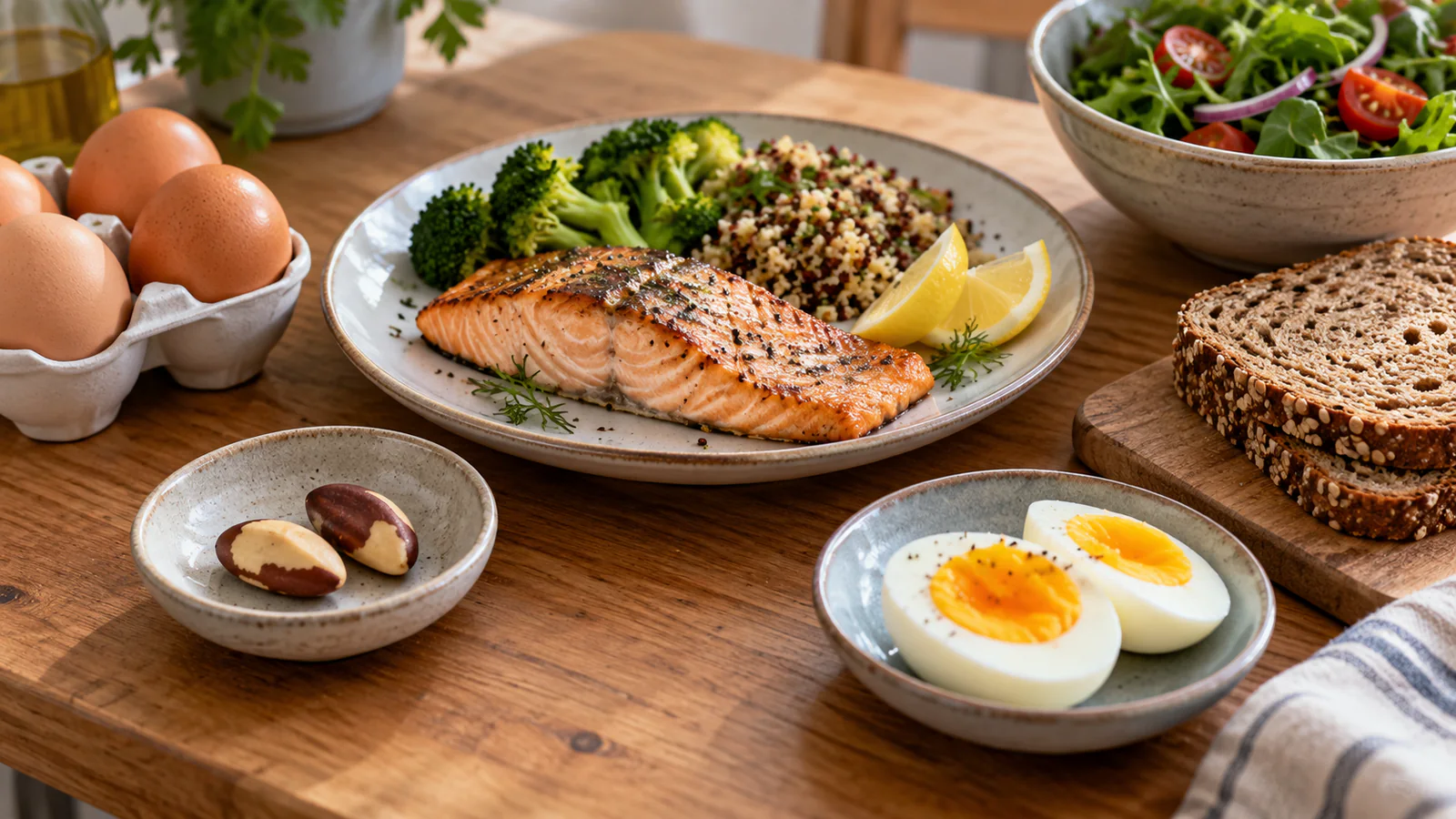 Laks, egg, nøtter og grovbrød på et kjøkkenbord