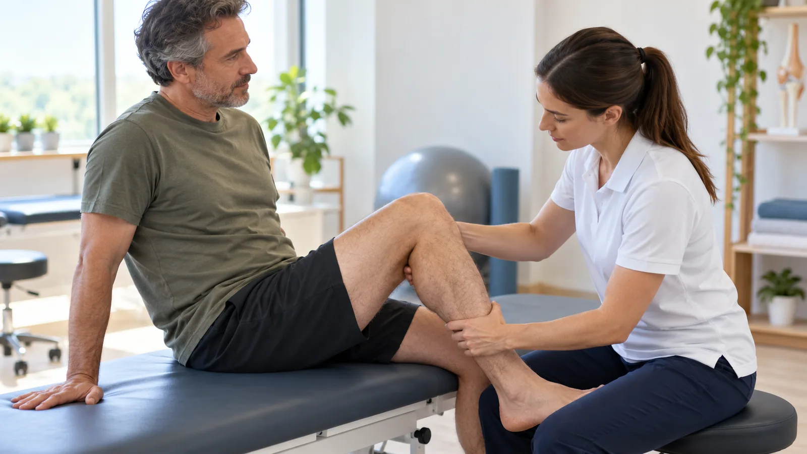 Fysiotherapeut onderzoekt de achterkant van de knie van een man die op een behandeltafel zit
