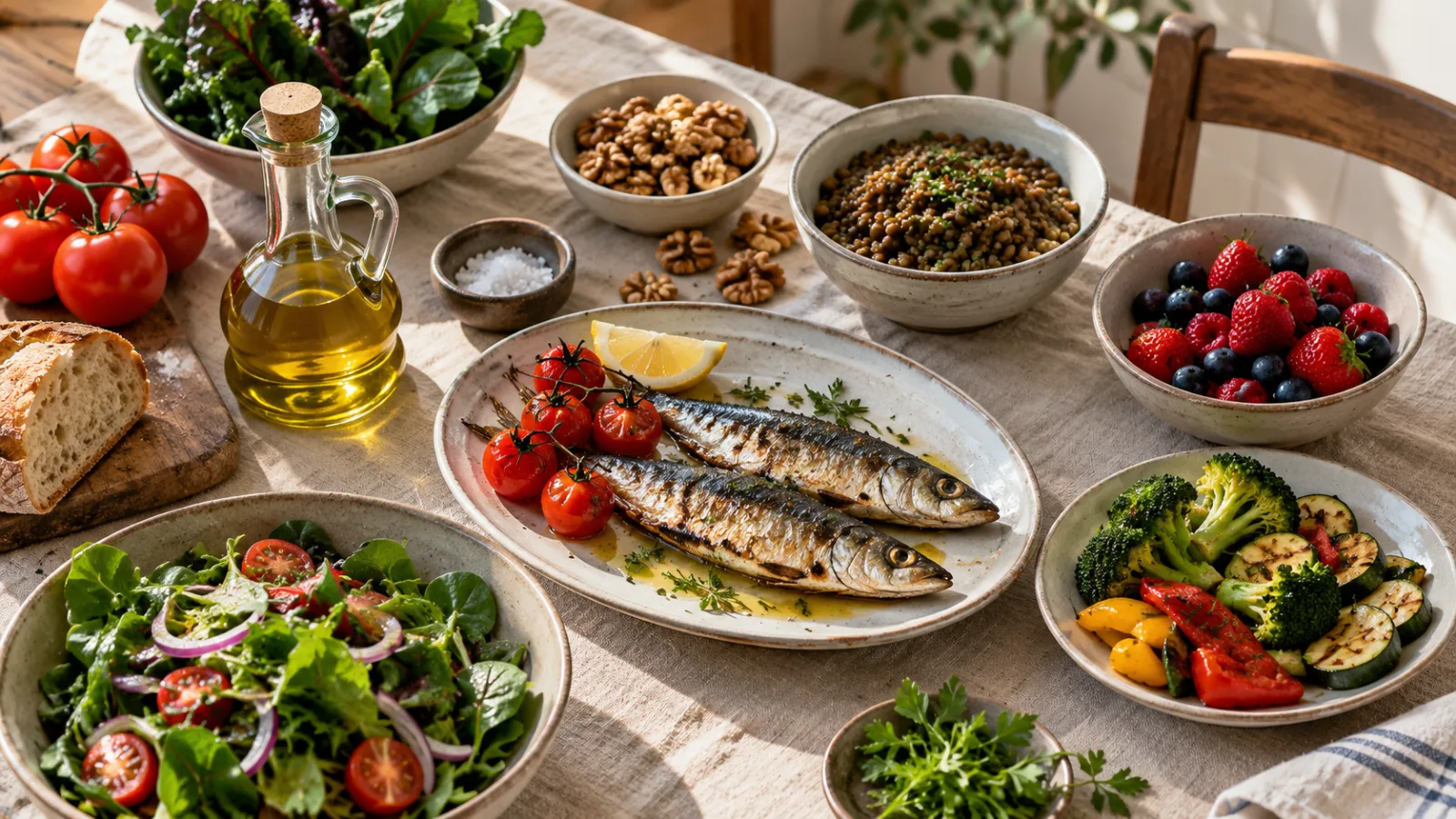 Una tavola con pesce, insalata, pomodori, frutti di bosco, frutta secca e olio d’oliva