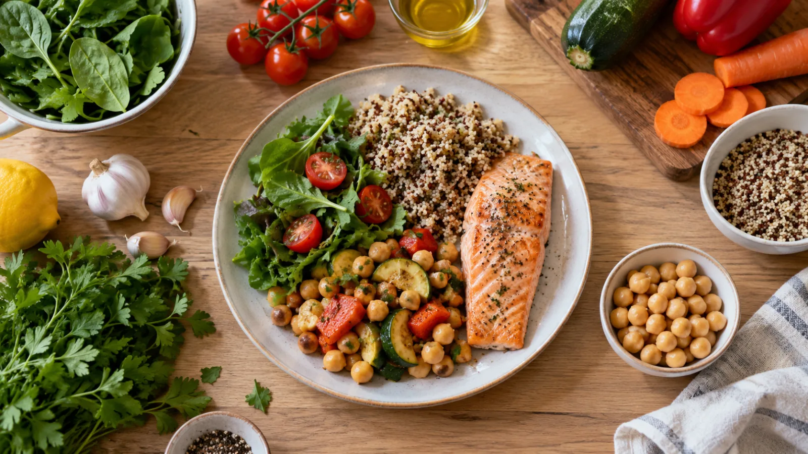 Tallerken med laks, fuldkorn, kikærter og salat