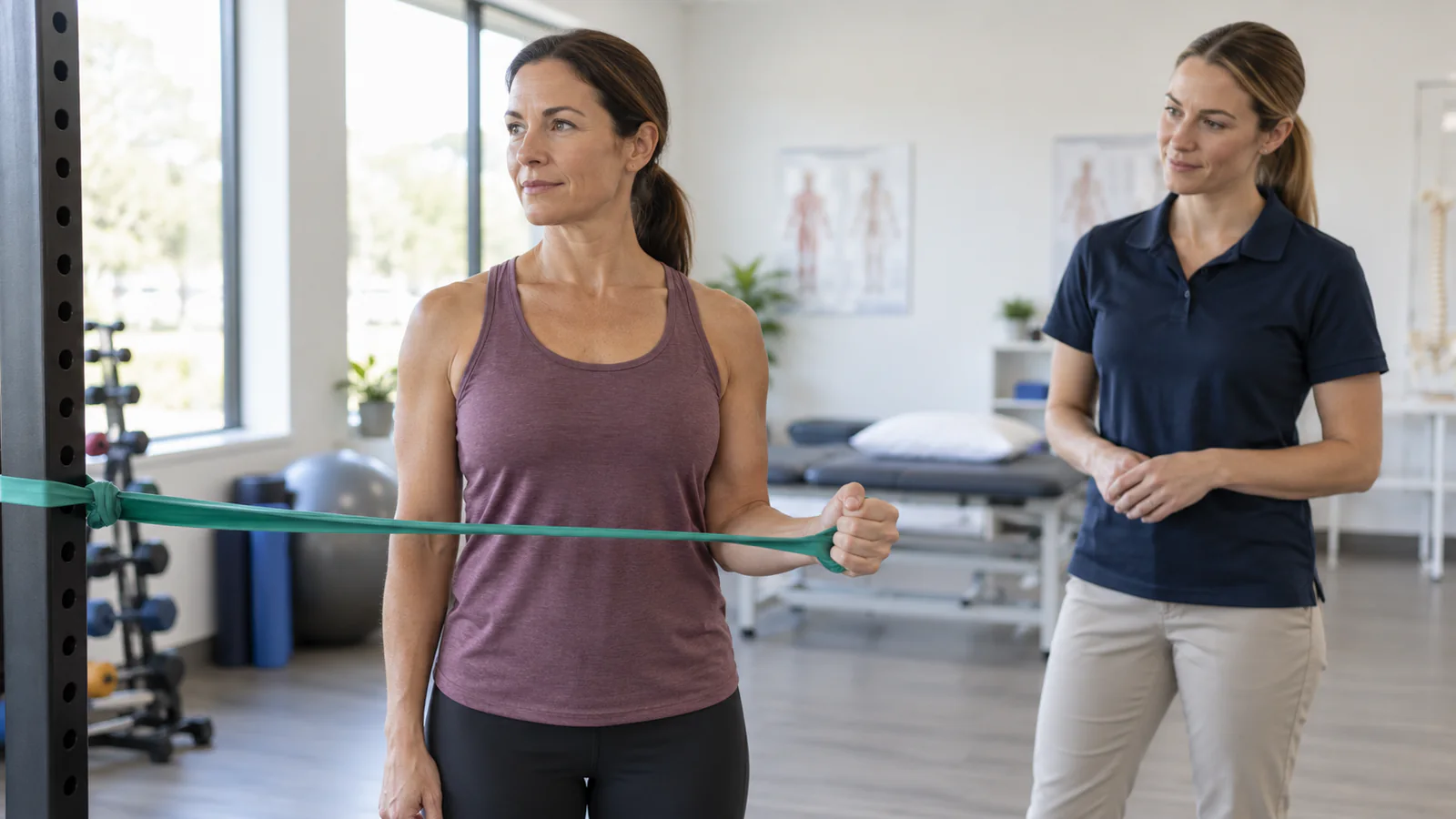 Una donna esegue una rotazione esterna della spalla con un elastico da allenamento