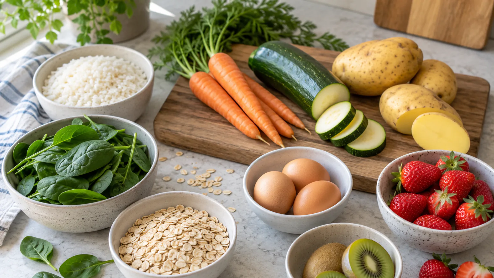 Rijst, wortels, aardappels, eieren, aardbeien, spinazie en havermout op tafel
