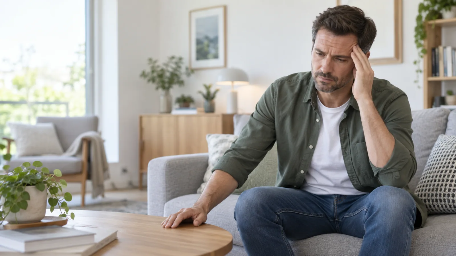Un uomo adulto appoggia una mano sulla tempia mentre è a casa