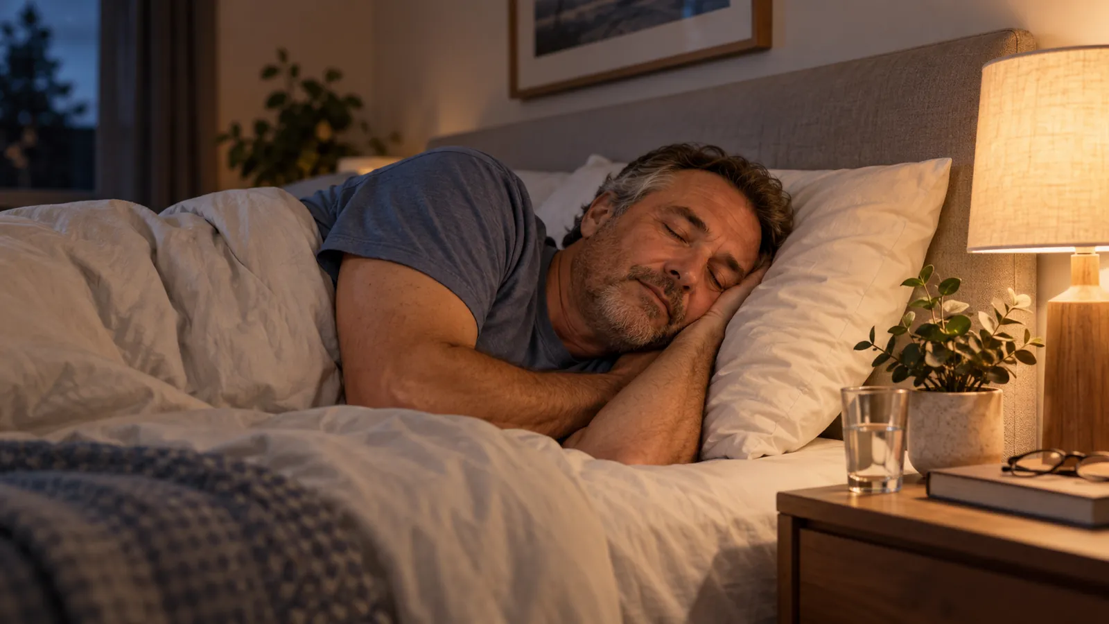 Un uomo dorme tranquillo sul fianco in una camera da letto