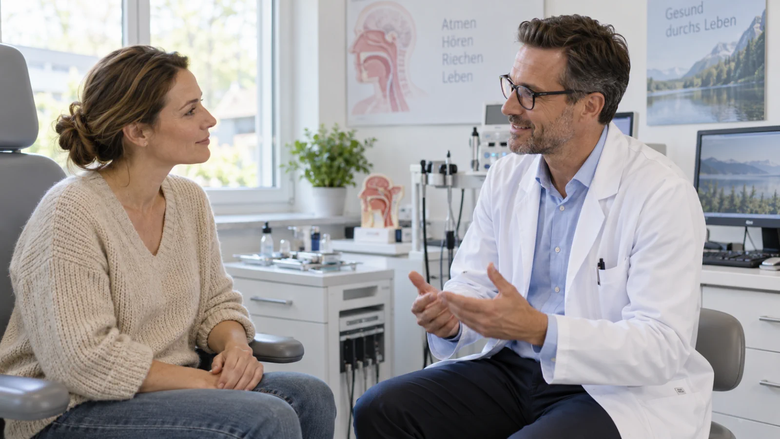 Rozmowa z laryngologiem w gabinecie, w tle plansza z budową nosa