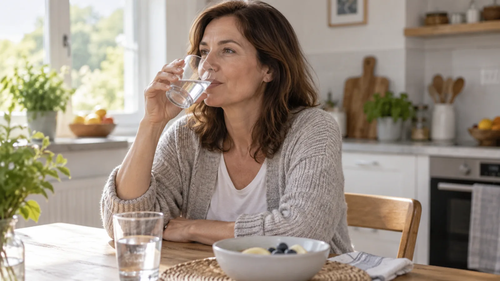 テーブルで水の入ったコップを飲む女性