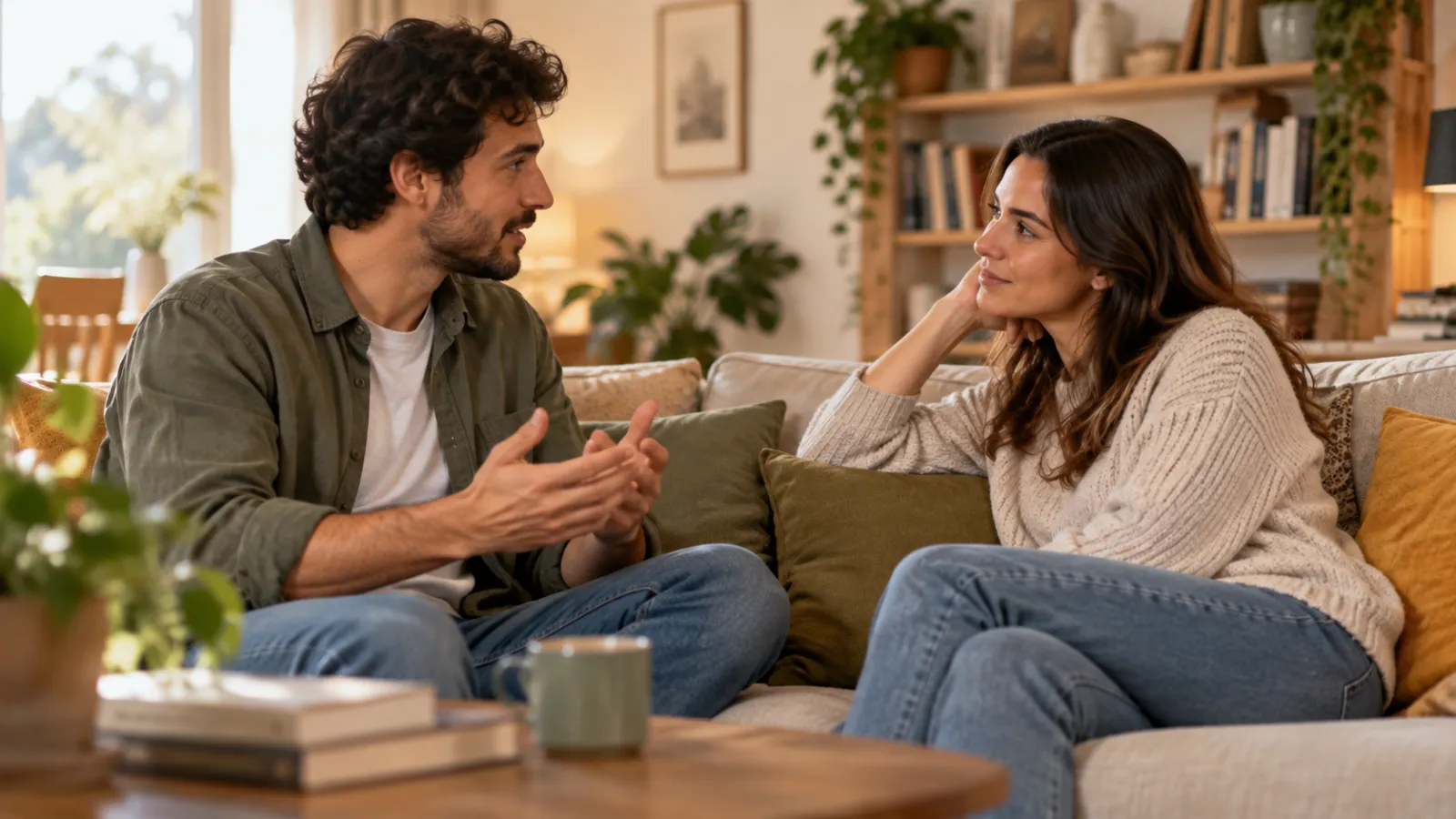Um casal sentado no sofá: o homem explica algo e a mulher ouve com expressão séria