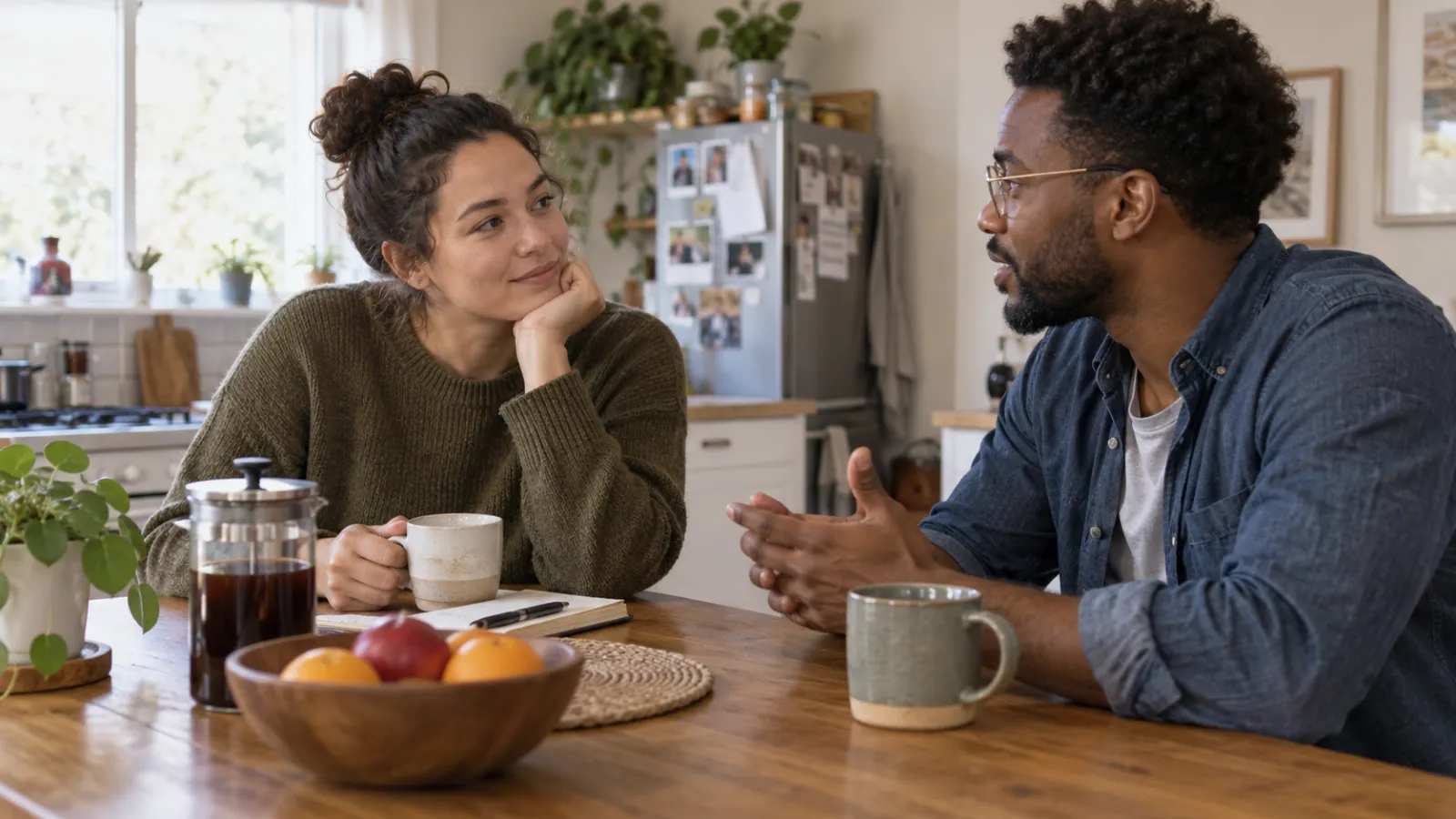 Dos personas adultas conversan con calma en una mesa de su casa.