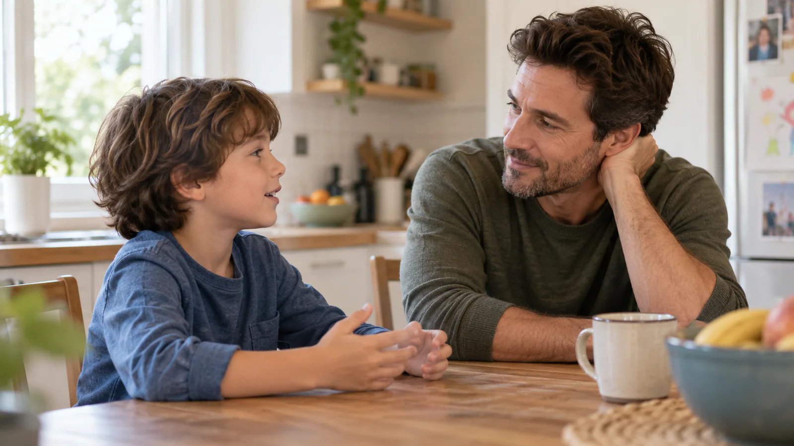 Vader luistert aandachtig naar zijn zoon aan de keukentafel