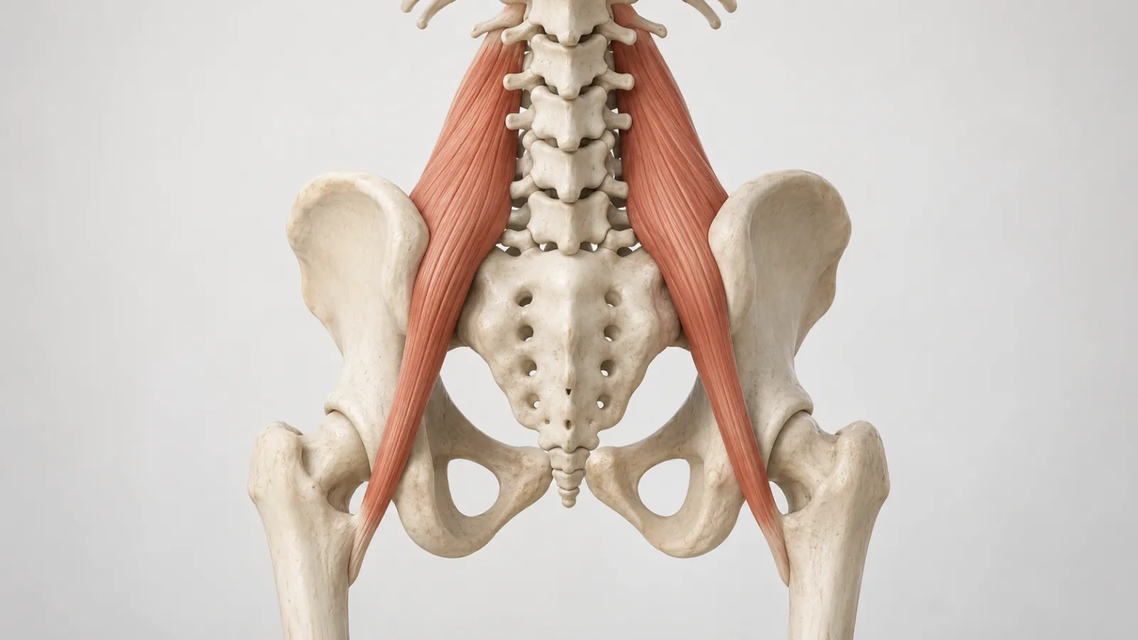 Anatomisches Modell von Lendenwirbelsäule und Becken mit den beiden Psoas-Muskeln in Rot