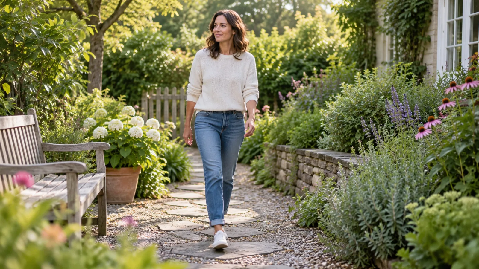 Una persona adulta camina por un jardín tranquilo, sin insectos visibles.