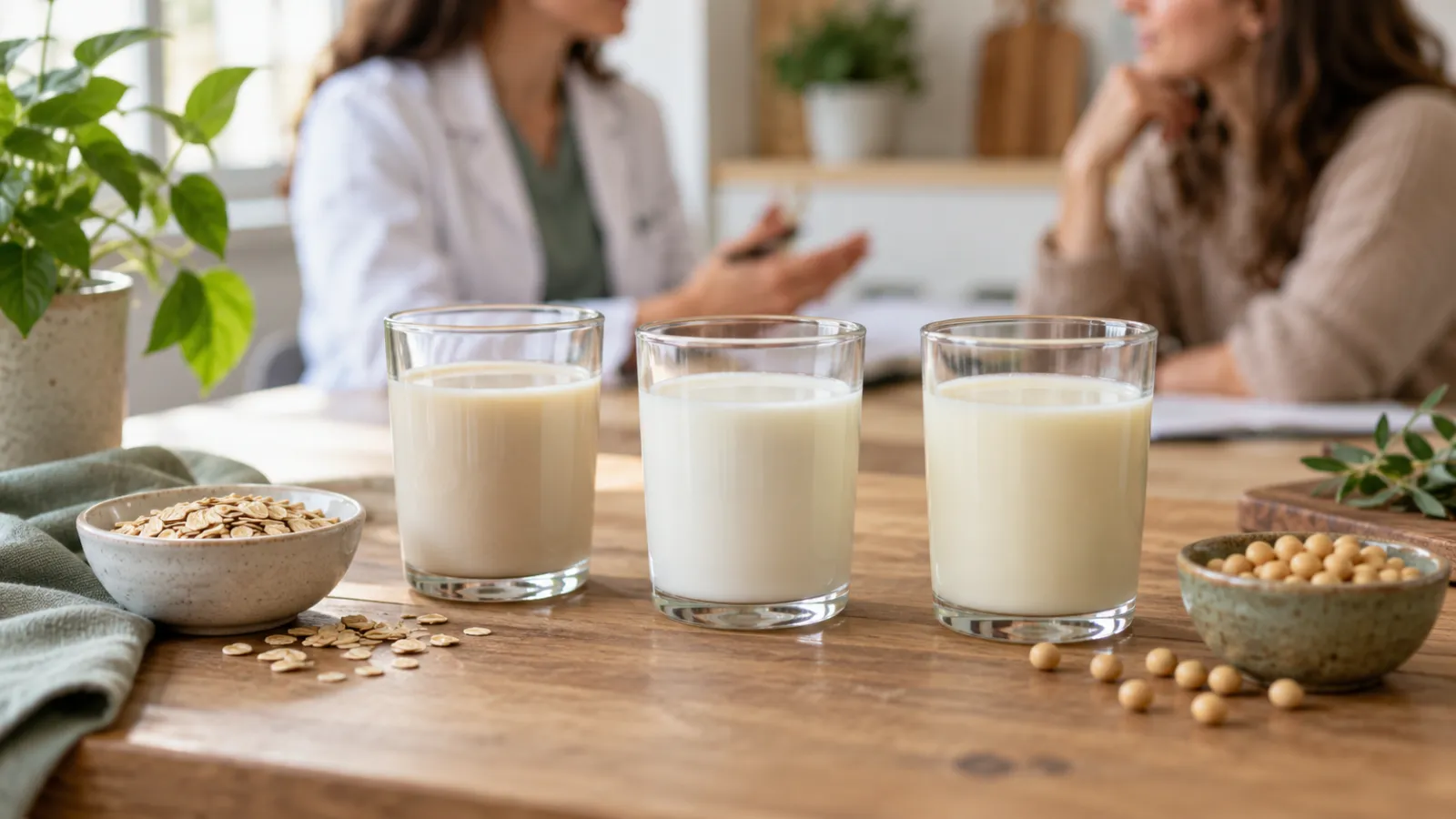 Tres vasos muestran bebidas de distinto aspecto junto a avena y soja.