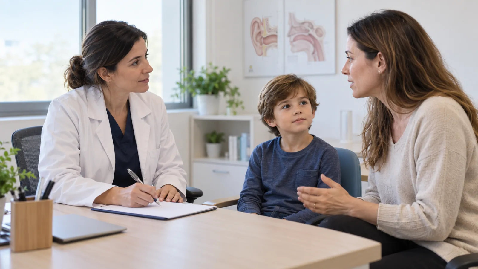 Una médica escucha a una madre mientras su hijo está sentado junto a ella en consulta.