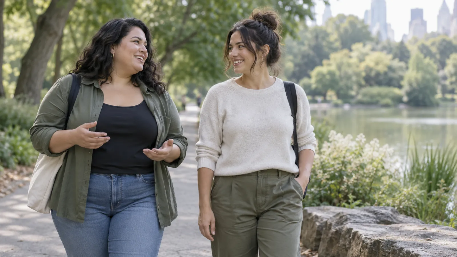 Dos personas adultas con cuerpos diversos pasean y conversan en un parque.