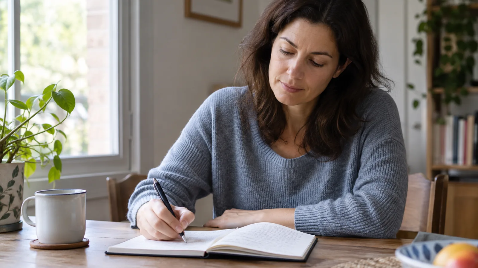 Mujer adulta anota información en una libreta en una mesa junto a la ventana.