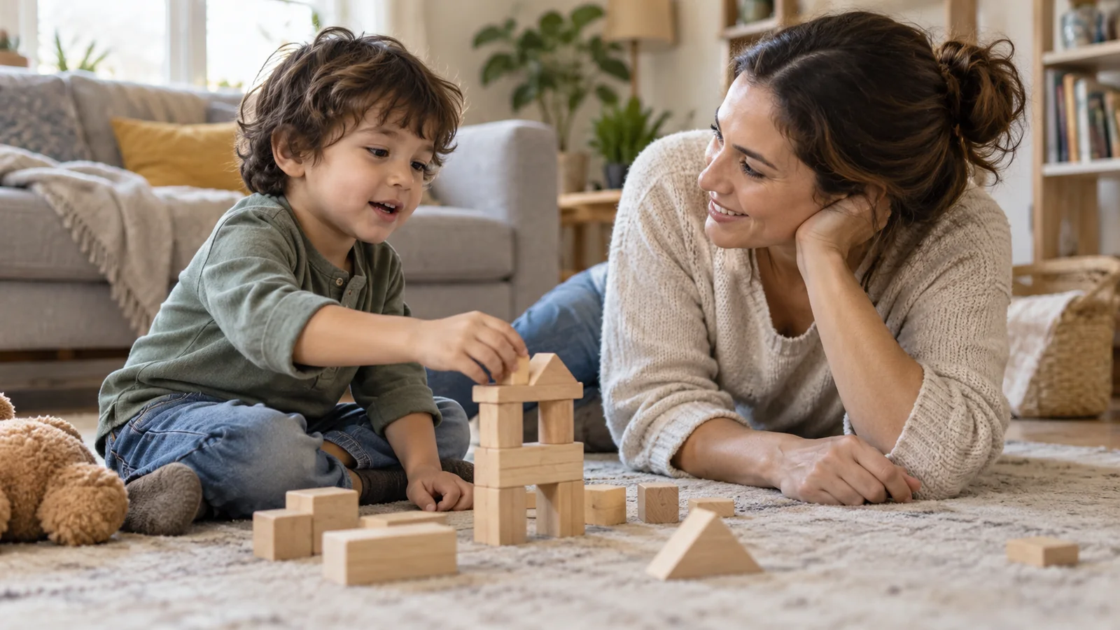 Mama leży na dywanie i rozmawia z synkiem budującym wieżę z klocków