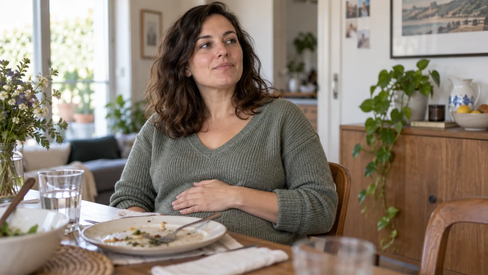 Person ved bordet med hånden på maven