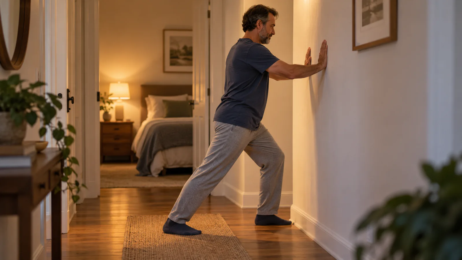 En man stretchar vaden mot en vägg innan han lägger sig.