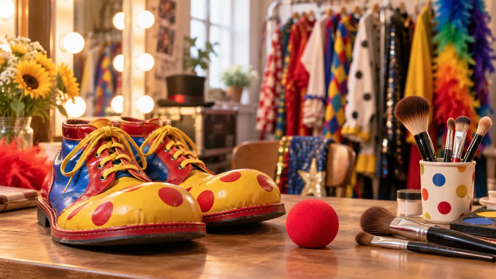 Accesorios coloridos de vestuario de payaso en una mesa de camerino iluminado.