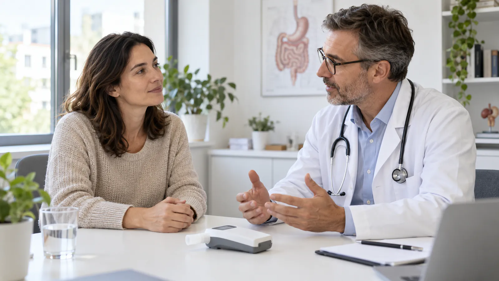 Mulher conversa com um médico sentado à secretária do consultório