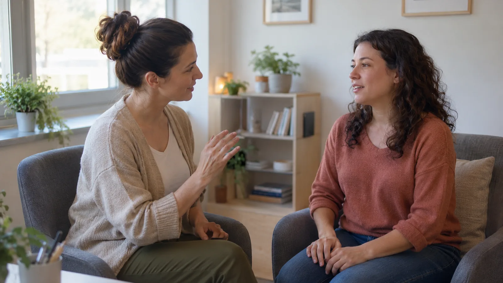 Una profesional de logopedia orienta a una mujer adulta durante una conversación sobre su voz.
