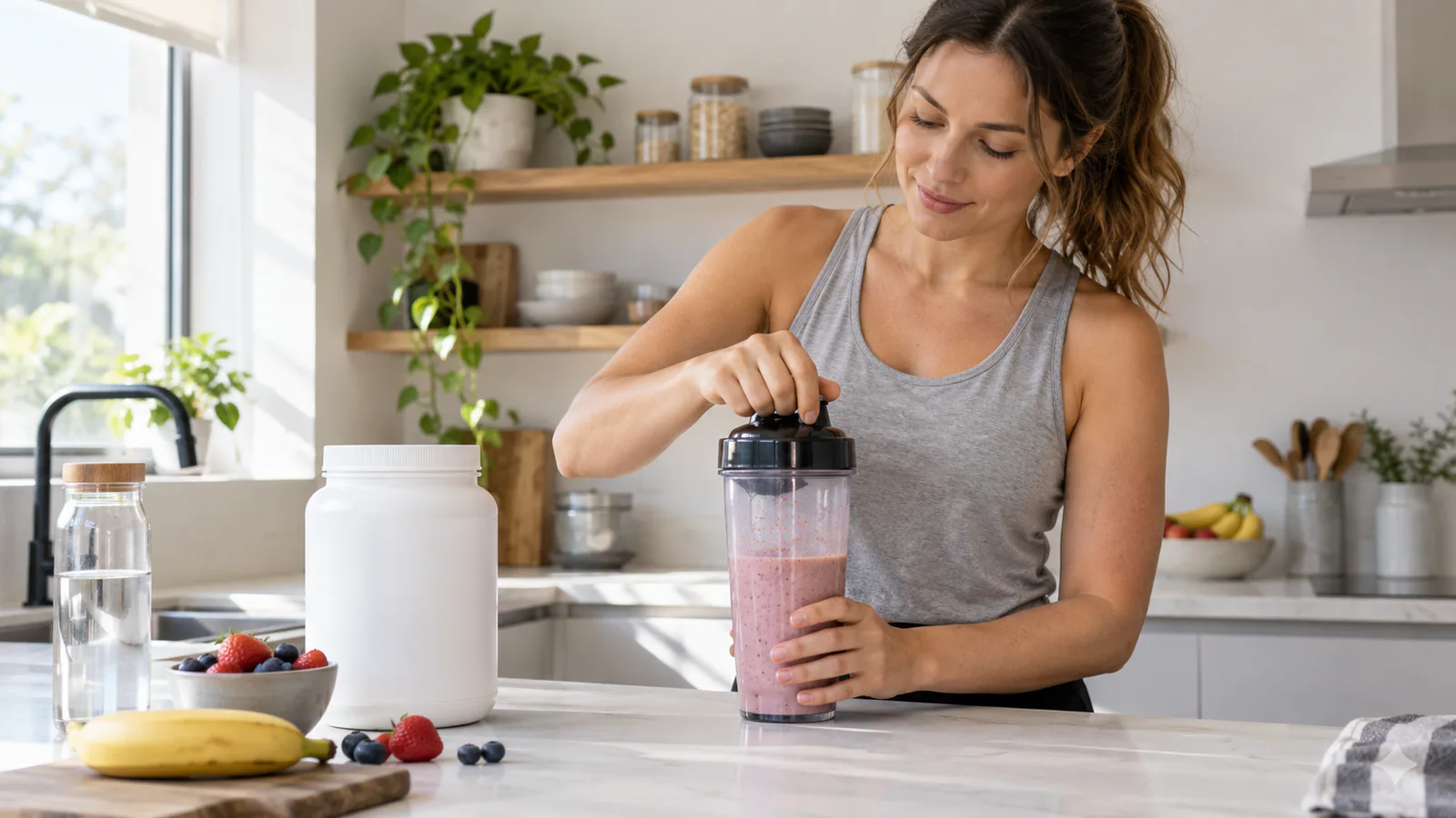 Una mujer prepara un batido de fruta con proteína en polvo sin marca en casa.