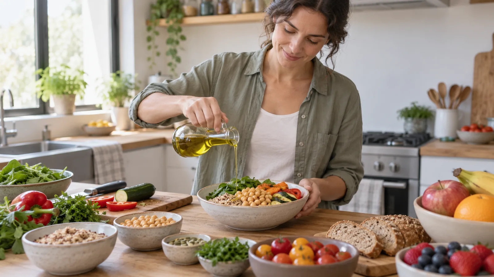 Una donna condisce con olio un piatto in una cucina piena di verdure e frutta