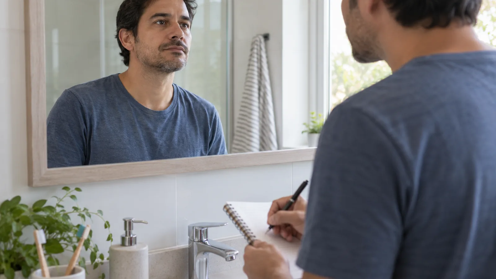 Un uomo si guarda allo specchio del bagno e prende appunti