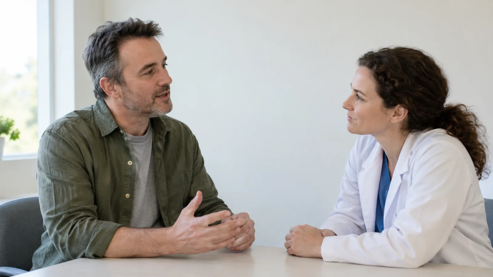 Um homem conversa com uma médica sentados frente a frente no consultório
