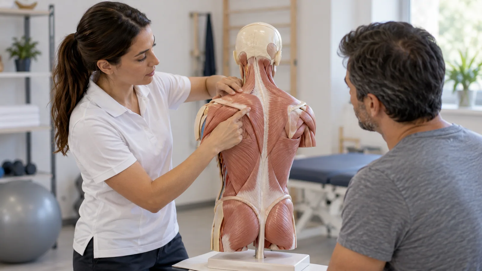 Una fisioterapeuta señala la musculatura de la espalda alta en una maqueta anatómica.