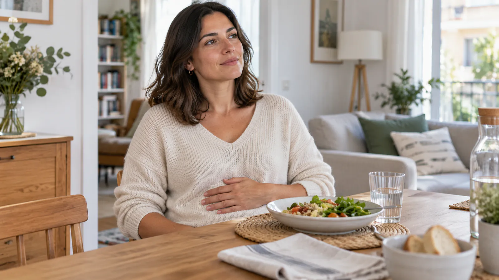 Mulher sorridente sentada à mesa diante de um prato de comida