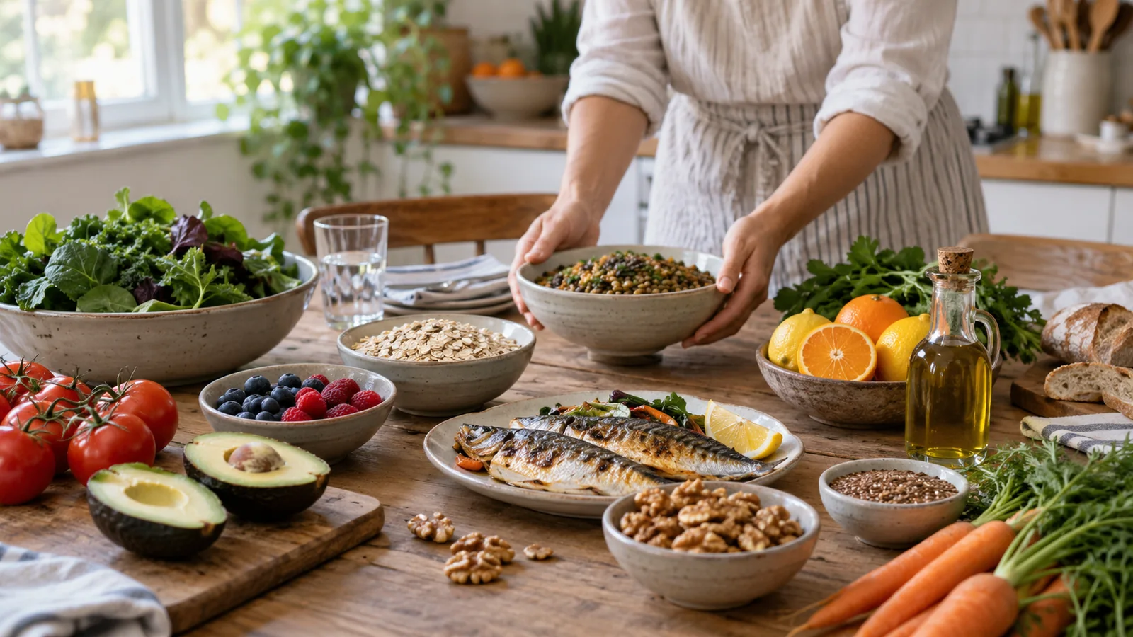Verduras, fruta, legumbres, avena, frutos secos, pescado y aceite de oliva sobre una mesa de cocina.
