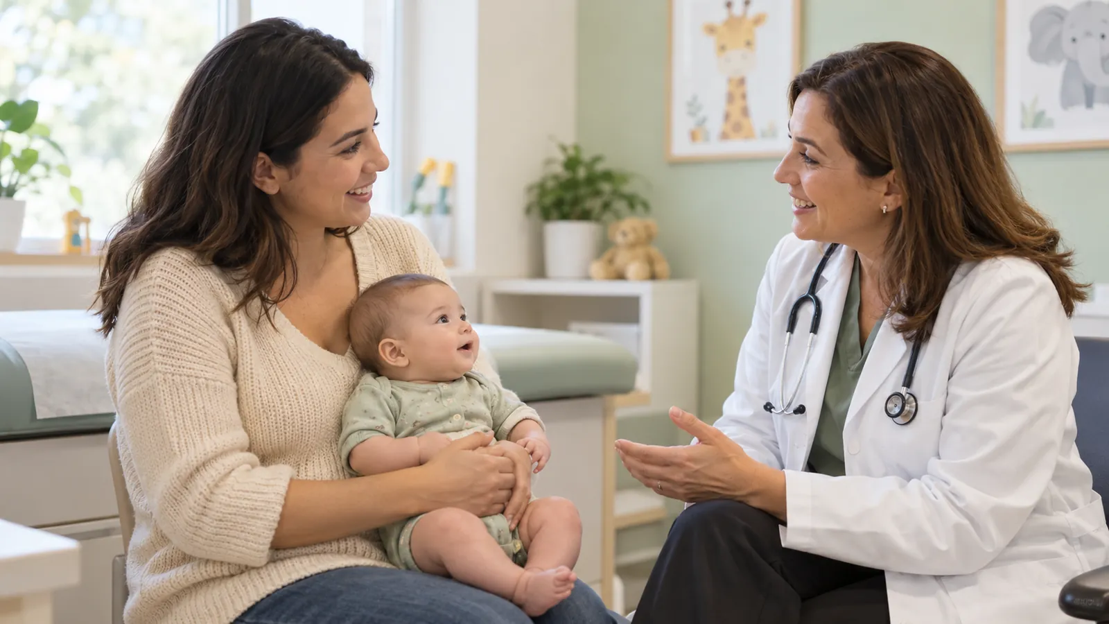 Mor med baby på fanget i samtale med en helsearbeider