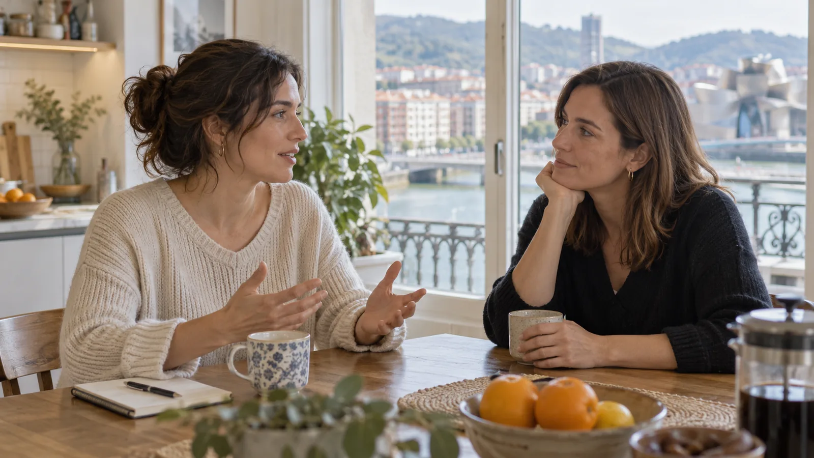 Dos mujeres mantienen una conversación tranquila sentadas a una mesa.