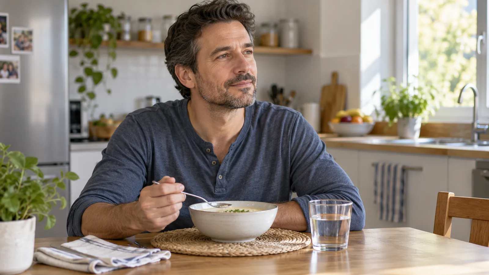 Hombre adulto hace una pausa durante una comida sencilla con un vaso de agua.