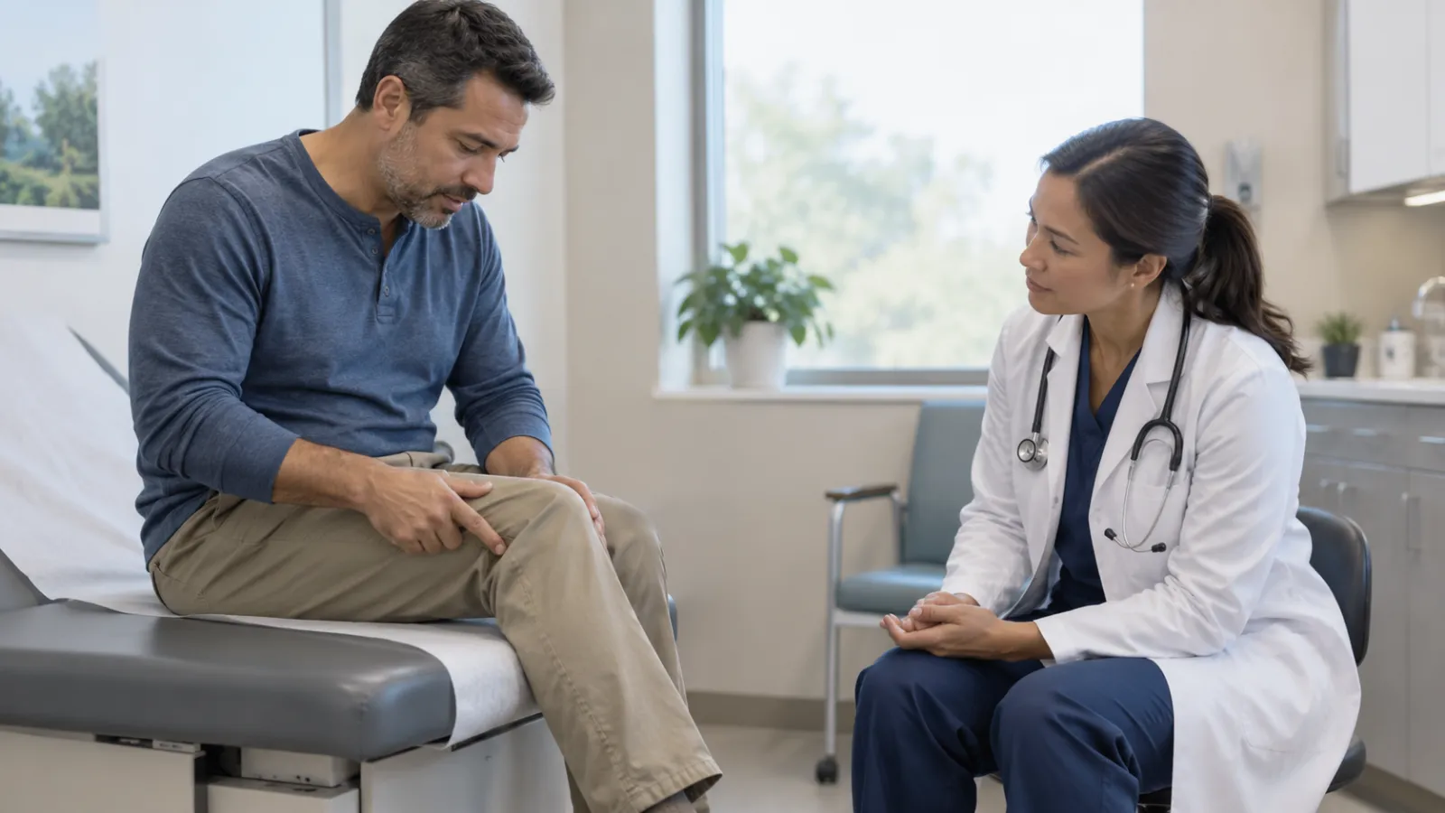 Un paciente señala un punto de su rodilla durante una conversación con una profesional sanitaria.
