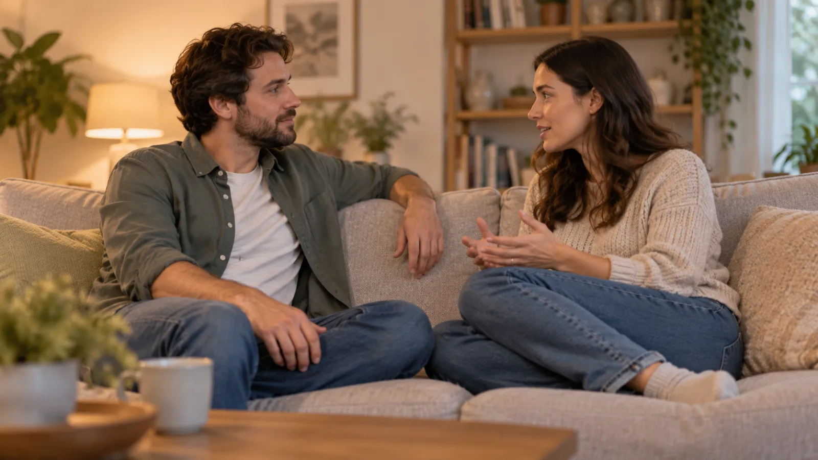 Dos personas adultas se escuchan durante una conversación tranquila en el salón.