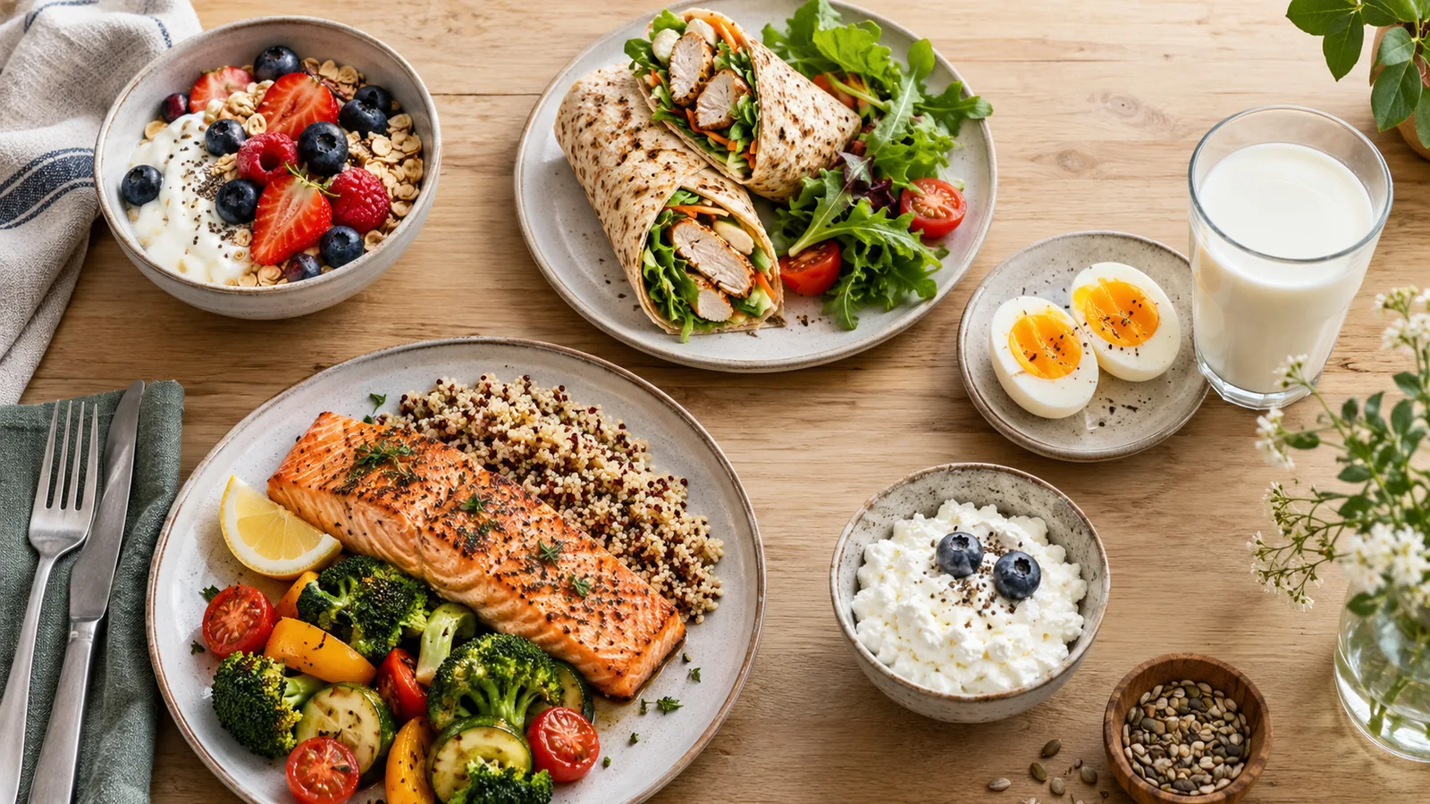 Salmone con verdure, piadine, uova sode, yogurt e un bicchiere di latte su un tavolo