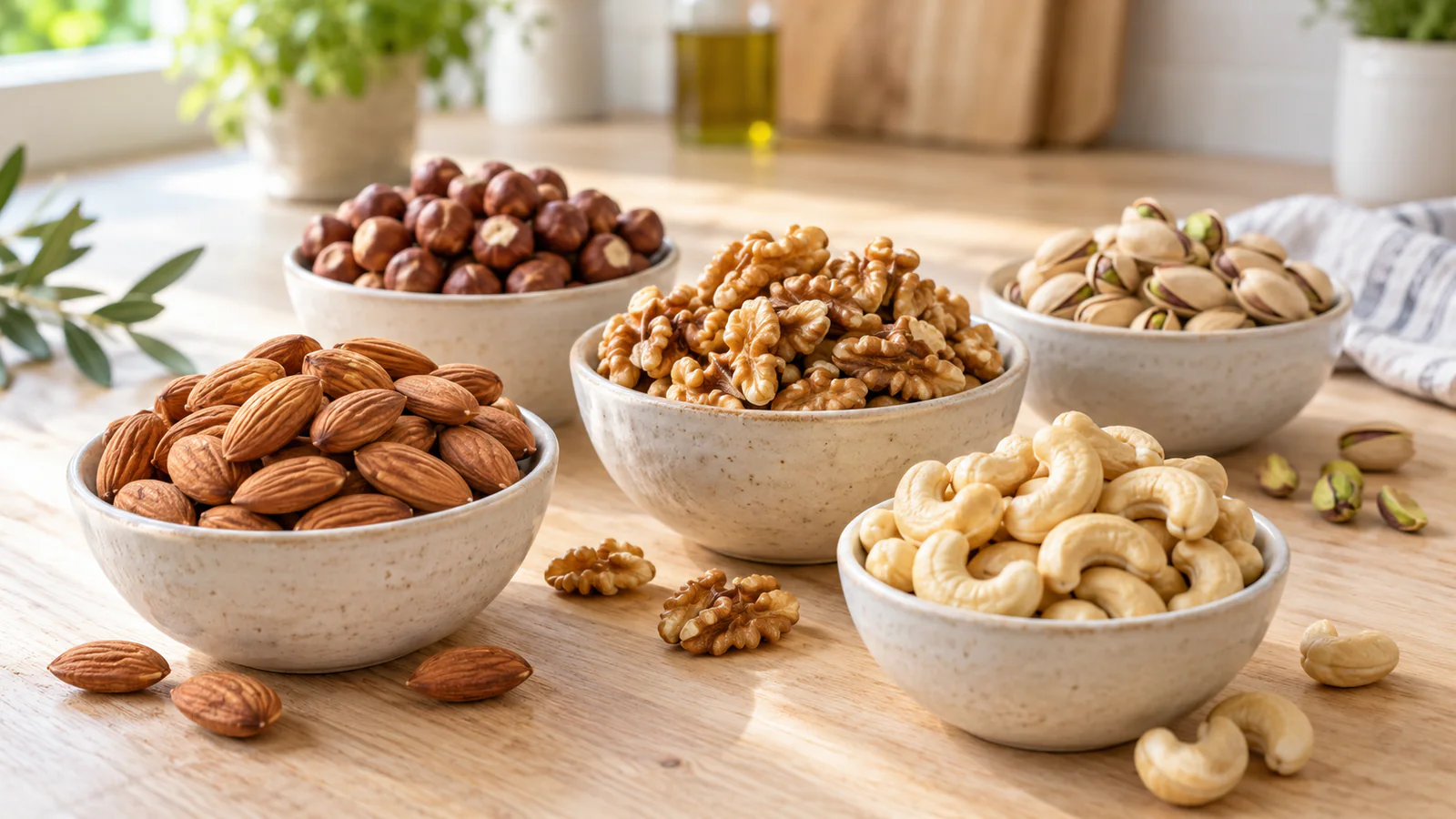 Cuencos con almendras, nueces, avellanas, pistachos y anacardos sobre una encimera.