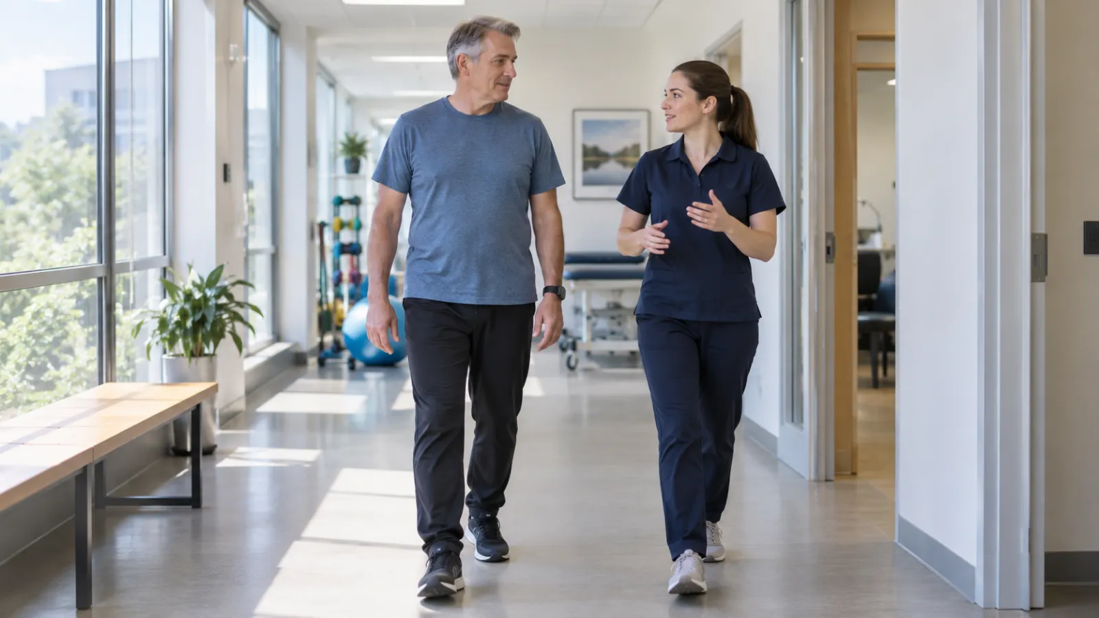 Behandler går ved siden af en patient i en gang