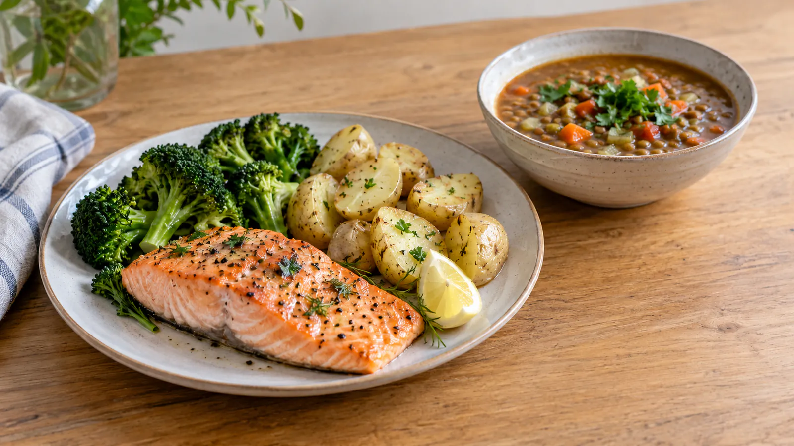 Un piatto di salmone con broccoli e patate accanto a una zuppa di lenticchie