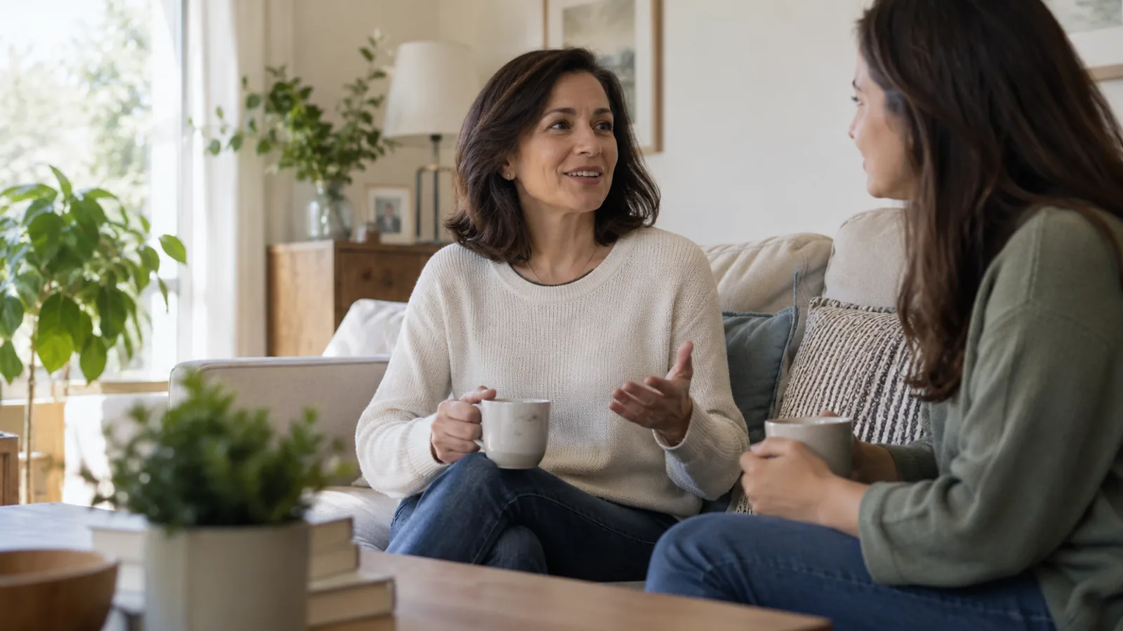 Una mujer adulta conversa tranquilamente con otra persona en casa.