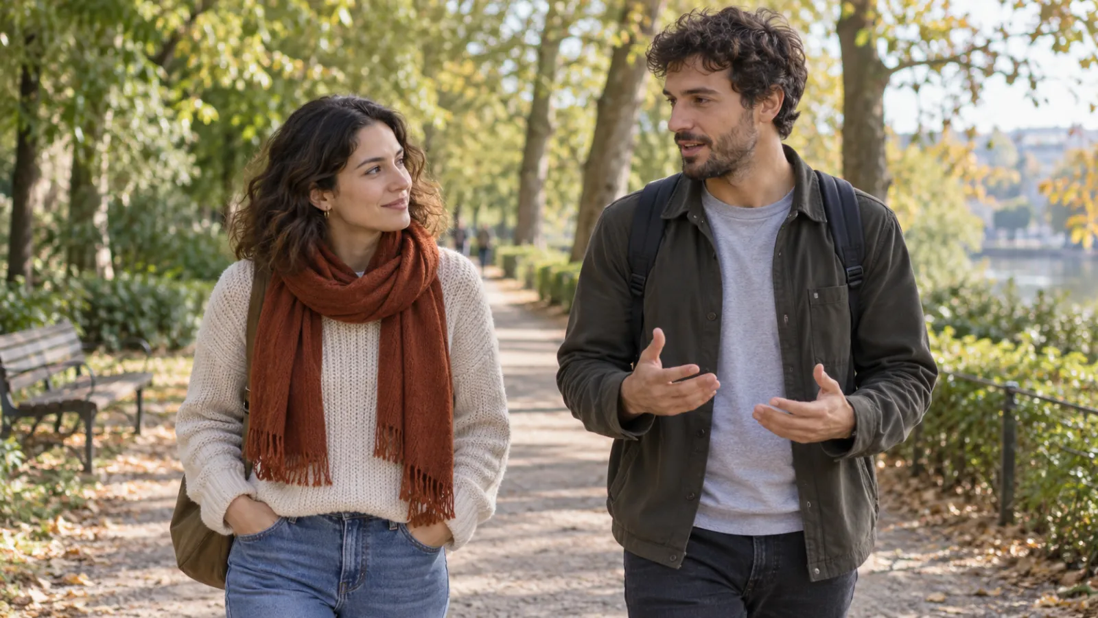 Vrouw en man praten met elkaar tijdens een wandeling in het park