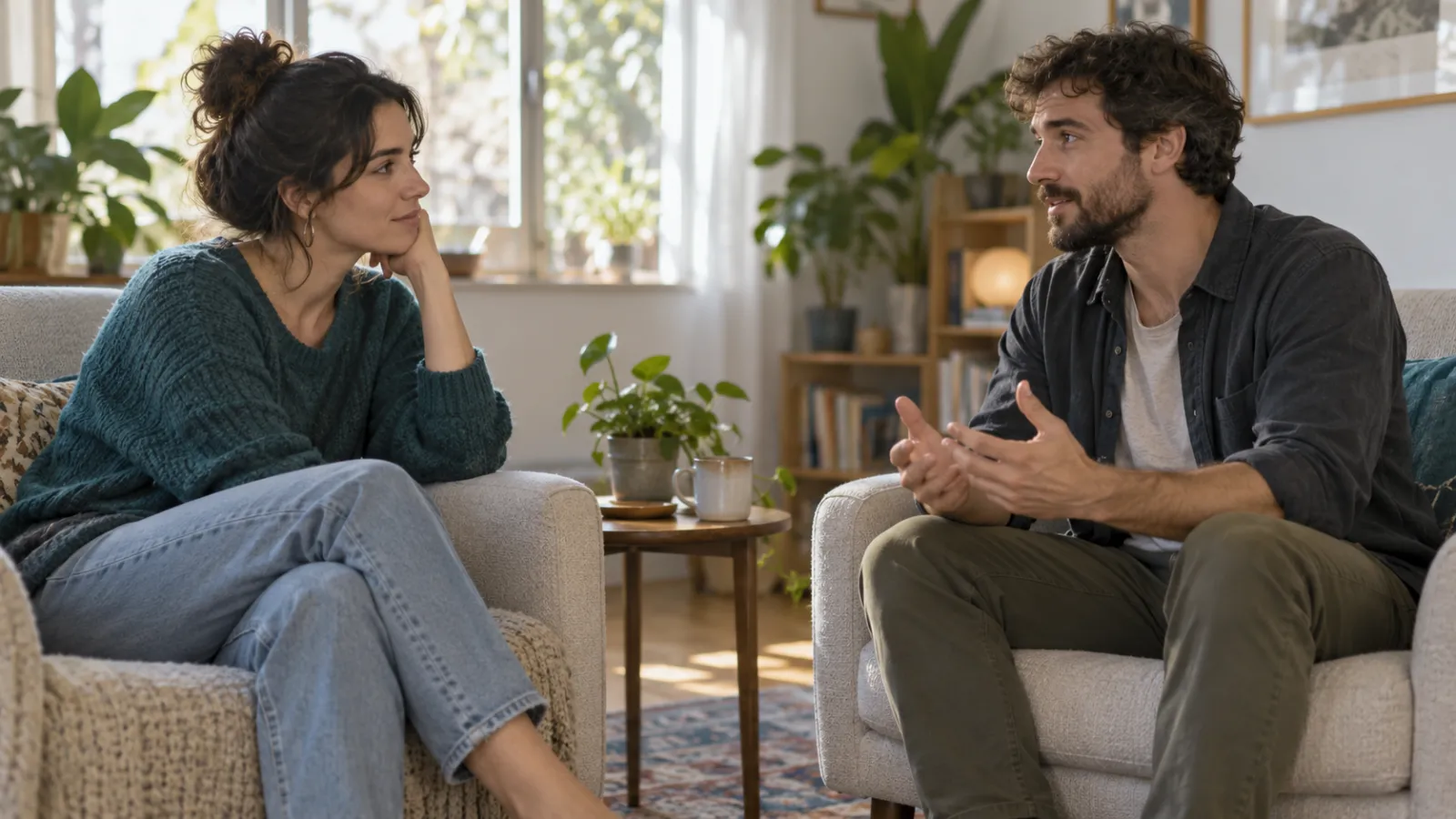 Dos personas adultas conversan con atención en un salón.
