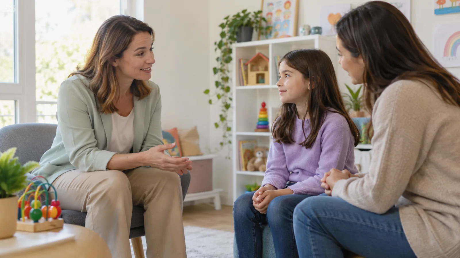 Psycholoog in gesprek met een moeder en haar dochter