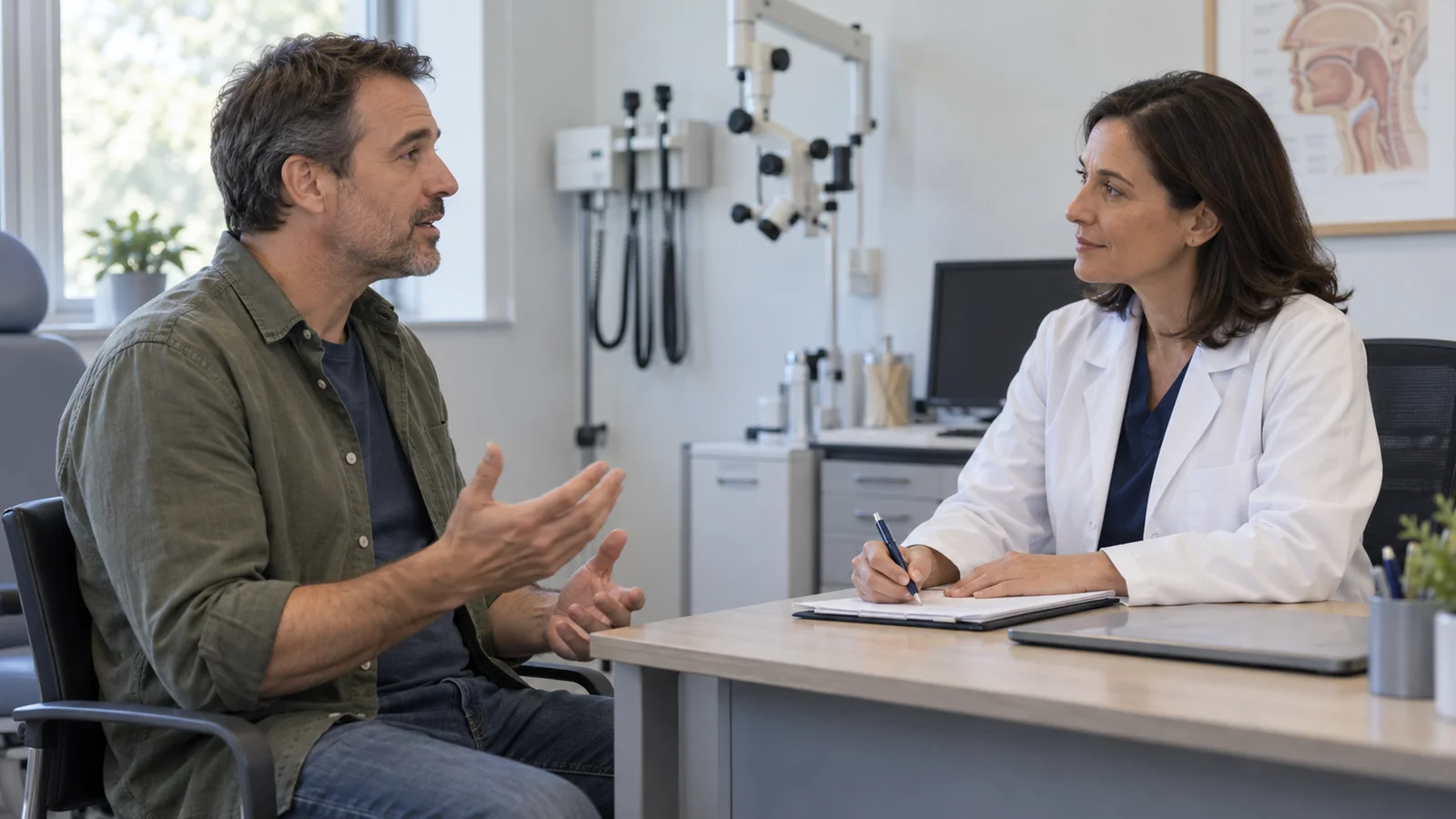 Hombre comenta un cambio en la voz con una profesional sanitaria durante una consulta.