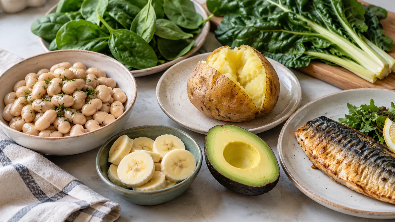 Skåle med hvide bønner, bananskiver, avocado, makrel og bagt kartoffel