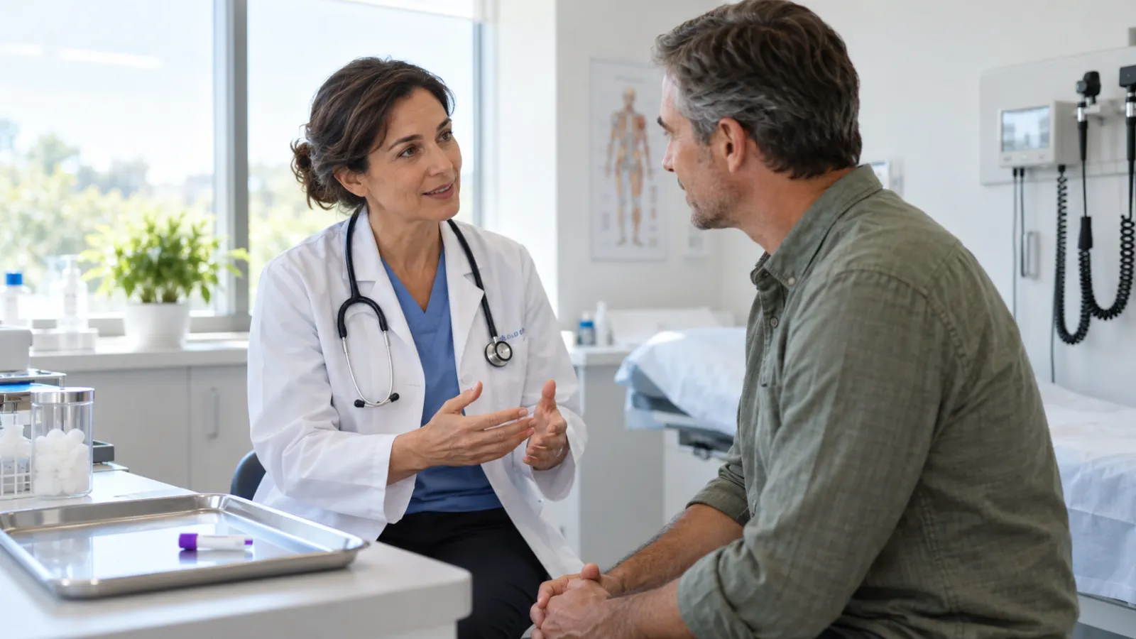 Uma médica conversa com um paciente durante uma avaliação clínica