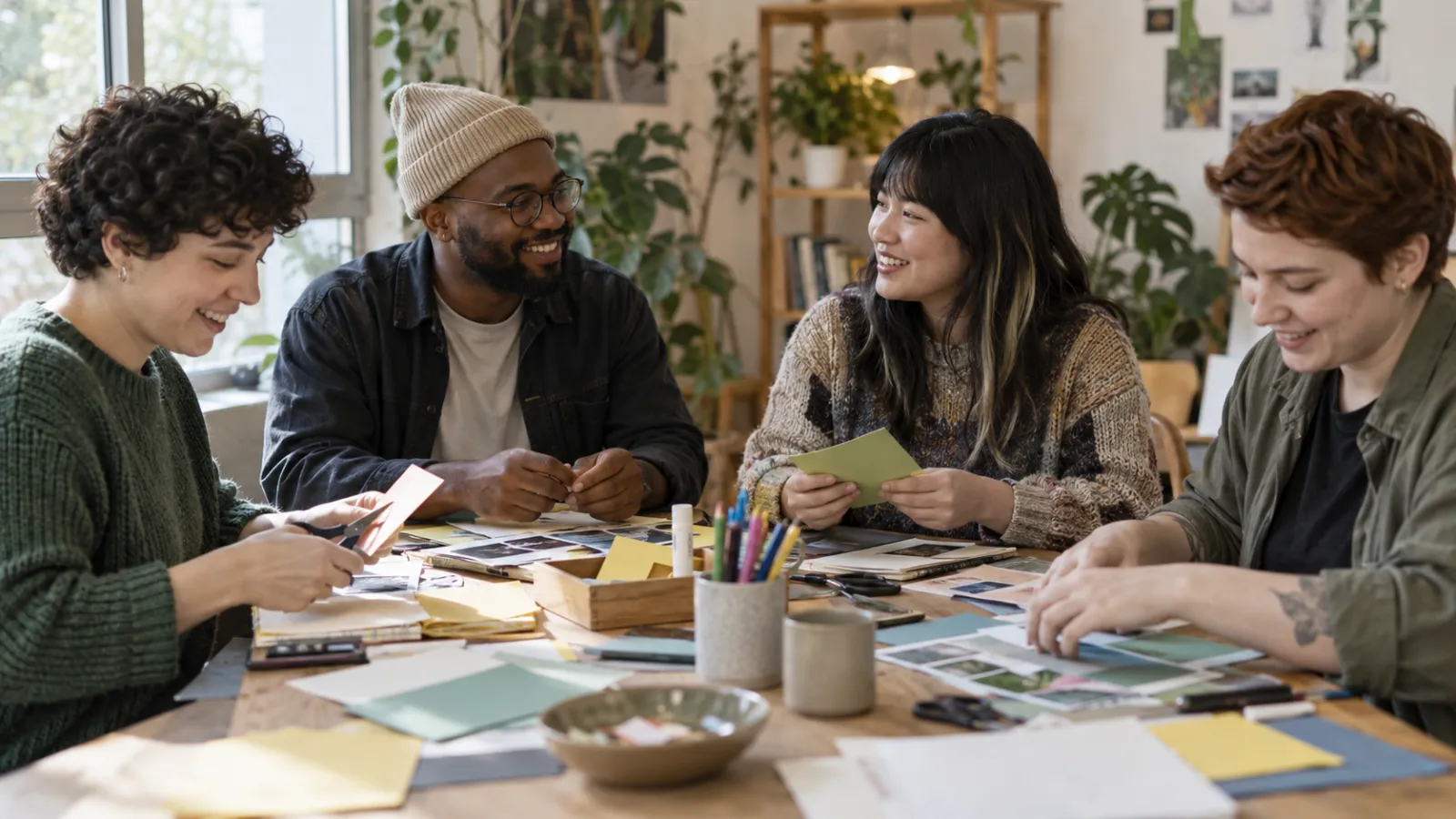 Personas adultas participan en un taller creativo y conversan.